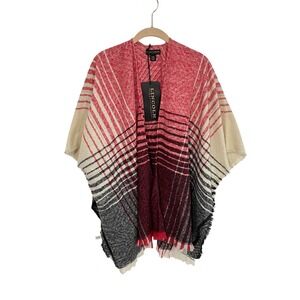 Lincoln Outfitters Ruana Shawl Wrap Womens OS Red Crimson Chevron Plaid Fringe